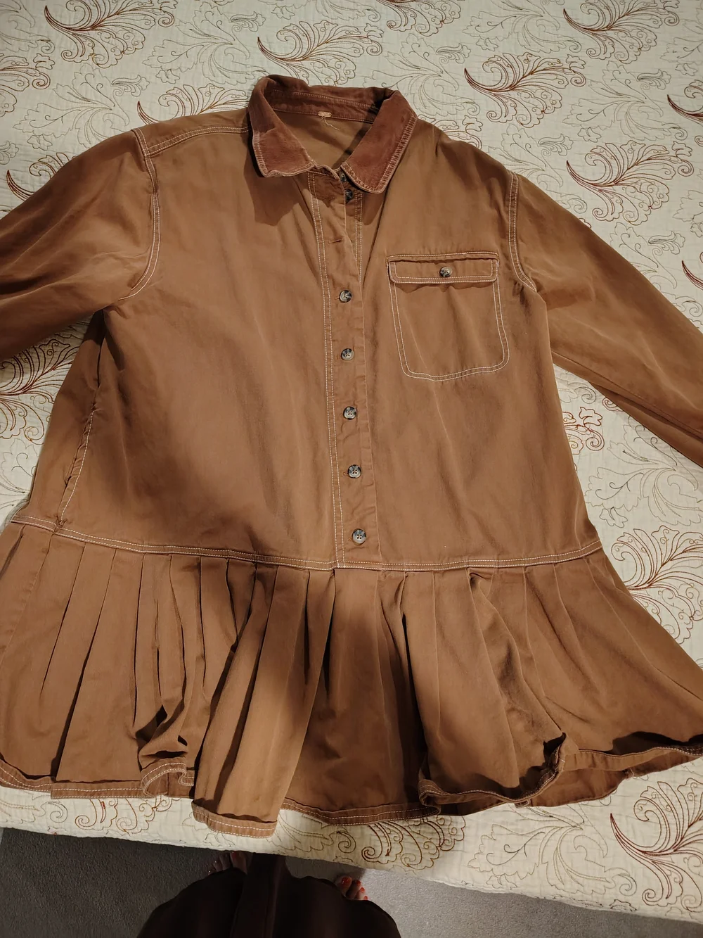 Free People Cream Mini Shirt Dress with Black & Gold Rose Print